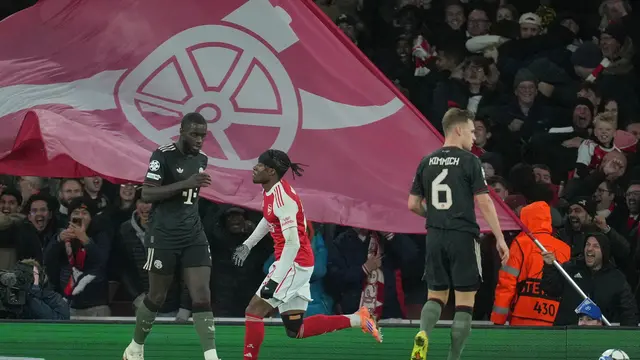 Selebrasi Noni Madueke di laga Arsenal vs Bayern Munchen di matchday 5 Liga Champions 2025/2026 di Emirates Stadium, Kamis (27/11/2025). (AP Photo/Kin Cheung)
