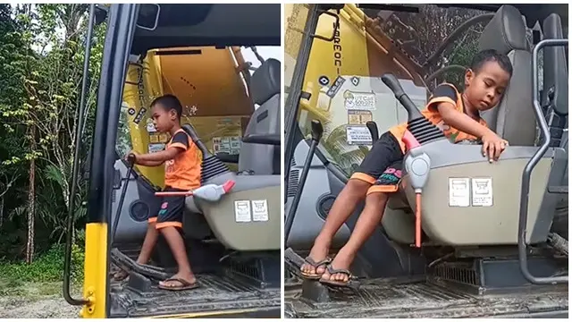 Viral Aksi Bocah 5 Tahun Operasikan Ekskavator, Bantu Warga Pindahkan Puing Banjir