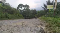 Jalan di Desa Sukawangi, Kecamatan Sukamakmur, Kabupaten Bogor rusak parah.