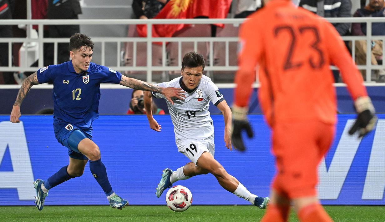 Gelandang Timnas Kirgistan, Beknaz Almazbekov (tengah) menjadi pemain termuda pada ajang Piala Asia 2023. Pemain Akademi Galatasaray yang sejak Maret 2022 dipromosikan ke tim Galatasaray U-19 ini masih berusia 18 tahun, 6 bulan dan 23 hari saat diturunkan Timnas Kirgistan menghadapi Thailand pada laga pertama Grup F Piala Asia 2023 (16/1/2024) yang berakhir dengan kekalahan 0-2. (AFP/Hector Retamal)