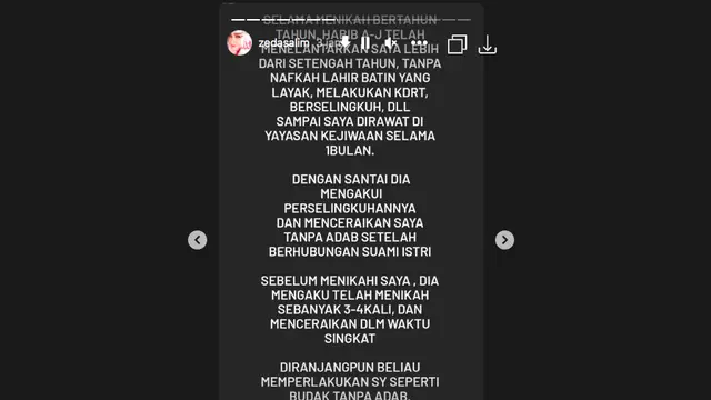 Presenter Zeda Salim Bongkar Perilaku Dugaan KDRT dari Habib AJ: Menyiksaku Berkali-Kali Sampai Hampir Kehilangan Nyawa. (instagram.com/zedasalim)