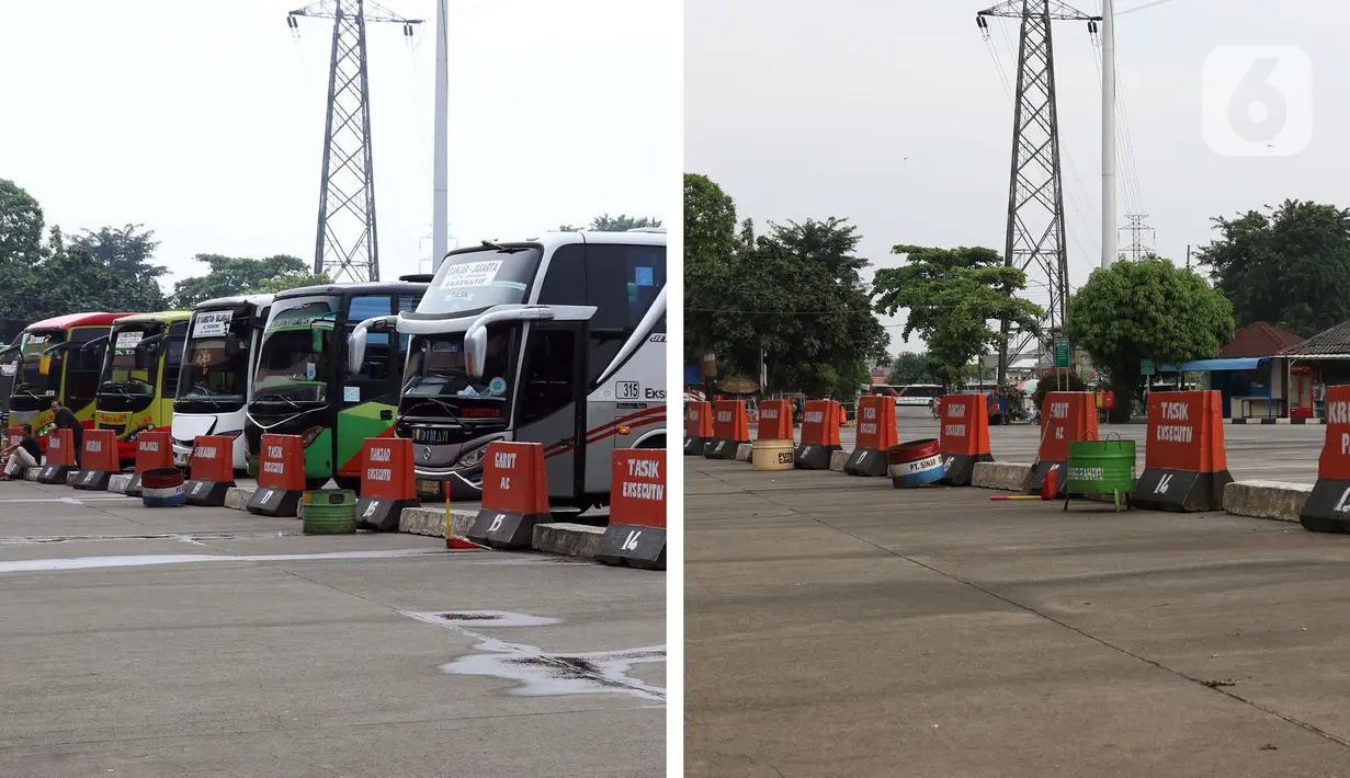 Foto kiri menggambarkan situasi Terminal Kampung Rambutan pada Senin (30/3/2020). Foto kanan menggambarkan situasi Terminal Kampung Rambutan pada Sabtu (25/4/2020). Guna memutus mata rantai penularan Covid-19, pemerintah resmi melarang mudik pada Jumat (24/4) lalu. (Liputan6.com/Helmi Fithriansyah)