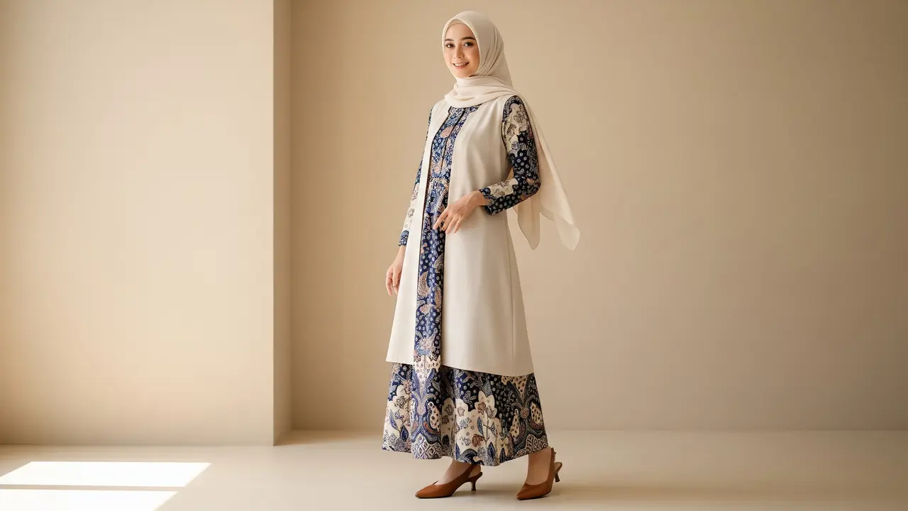 Tren Gamis Batik Hijab dengan Outer Rompi