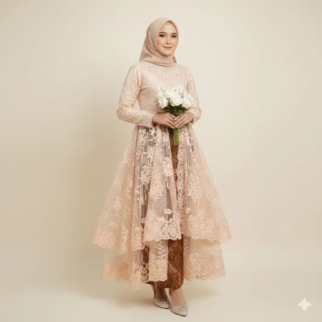 Gamis Batik Kombinasi Tule Brokat Warna Soft untuk Acara Akad. Gemini