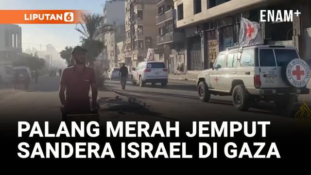 Kendaraan Palang Merah terlihat melintasi Jalur Gaza untuk menjemput tujuh sandera Israel yang dibebaskan oleh Hamas. Pembebasan ini menjadi tahap awal dari kesepakatan gencatan senjata yang mengakhiri dua tahun perang antara Israel dan Hamas.