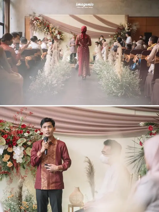 Kemeja merah marun dengan aksen motif emas tersebut dipadukan dengan celana panjang warna hitam. (Instagram/imagenic).