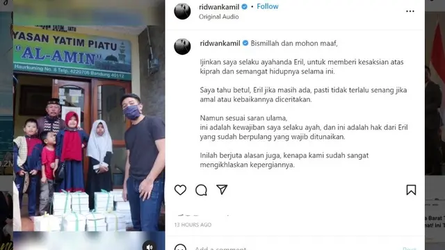 Gubernur Jawa Barat Ridwan Kamil menulis pesan haru sampaikan kebaikan sang anak, Emmeril Kahn Mumtadz atau Eril semasa hidup.