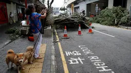 Warga mengambil foto pohon yang tumbang akibat angin yang kuat di Hong Kong, China, 2 Agustus 2016. Hongkong diterjang angin topan Nida. (REUTERS/Tyrone Siu)