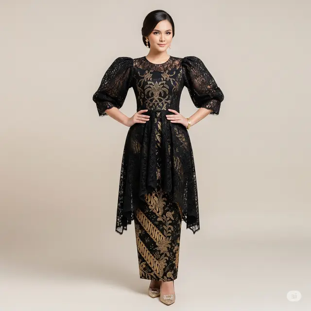 Model Batik Long Dress Kombinasi Brokat Lengan Puff.