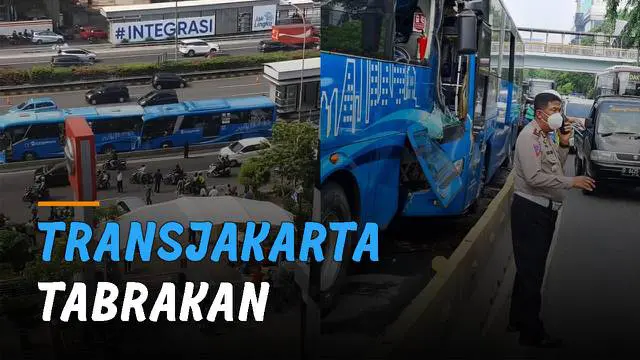 Dua unit bus TransJakarta alami kecelakaan di ruas Jalan MT Haryono.