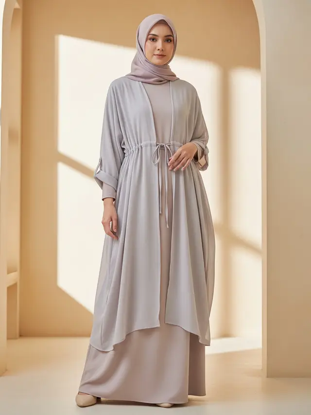Model Gamis Outer Transparan dengan Aksen Tali Pinggang (Image by Gemini AI)