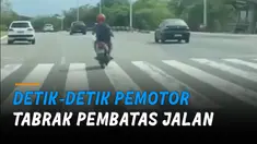Pemotor mengarah ke tepi jalan dengan cukup kencang hingga menghantam pembatas jalan.
