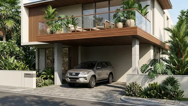 Carport di Bawah Balkon Lantai Dua