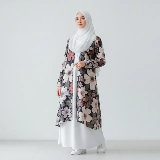 Gamis Cardigan Motif Floral Kontemporer