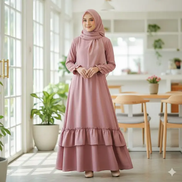 Gamis A-Line Flare dengan Aksen Ruffle