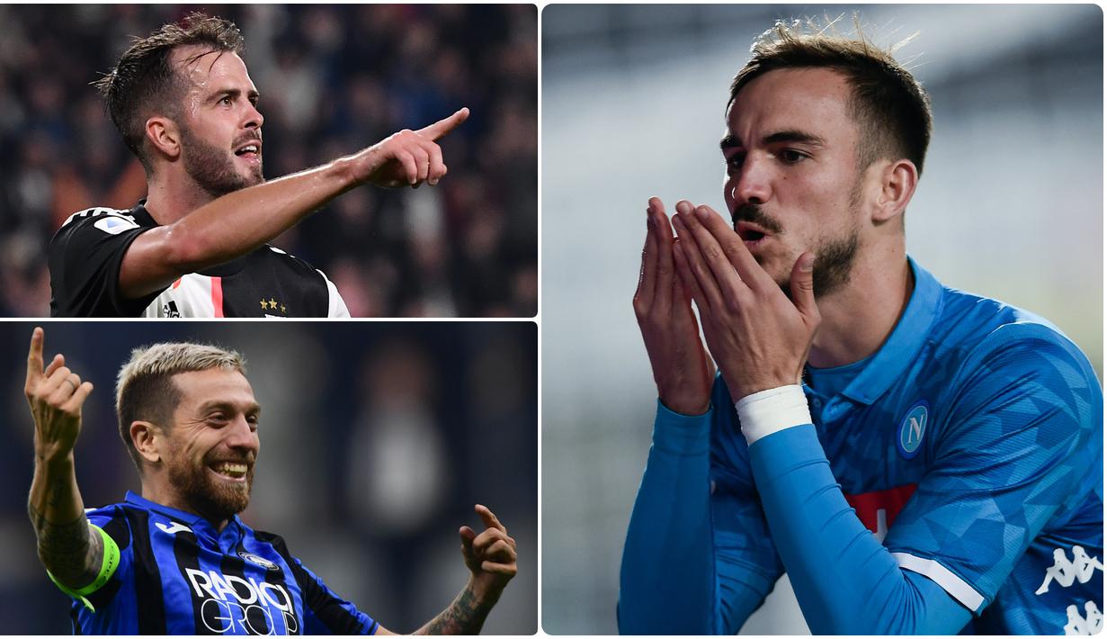 Pemain gelandang memiliki peran penting sebagai penghubung antara lini bertahan dan penyerangan sebuah tim. Tak jarang, banyak peluang diciptakan melalui pergerakan gelandang. Berikut 5 gelandang Andal di Serie A musim ini. (kolase foto AFP)