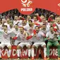 Para pemain Polandia merayakan keberhasilan lolos Piala Dunia 2018 setelah mengalahkan Montenegro di Stadion National, Warsawa, Minggu (8/10/2017). Polandia menang 4-2 atas  Montenegro. (AP/Alik Keplicz)