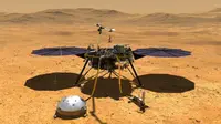 Konsep seniman yang menggambarkan pesawat pendarat InSight milik NASA. Robot ini berhasil menyentuh permukaan Mars. (Gambar via NASA / JPL-Caltech)