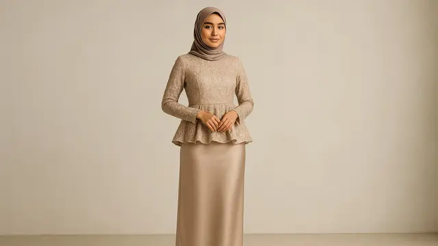 Model Gaun Pesta Muslimah Kombinasi Brokat dan Satin/Ilustrasi AI
