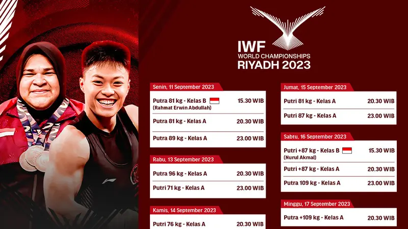 Jadwal pertandingan IWF 2023 Riyadh 2023