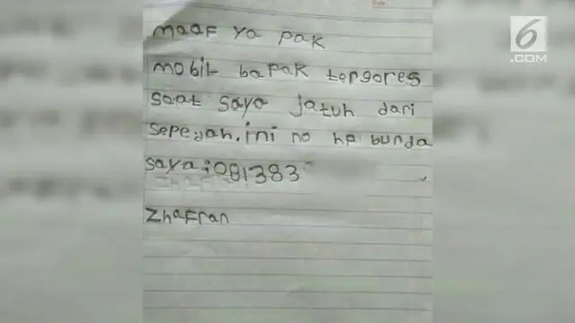 Seorang bocah Zhafran tidak sengaja menggores mobil saat ia bersepeda. Ia pun membuat surat permintaan maaf yang menjadi viral.