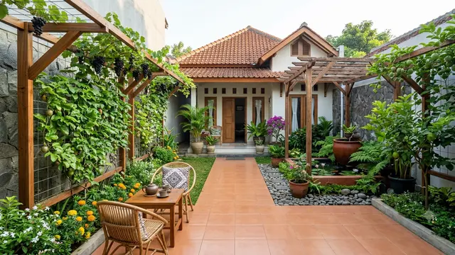 Ide Halaman Produktif dengan Pagar Buah, Kebun Sayur, dan Kolam Ember. Gemini