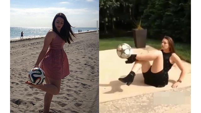 Cewek seksi ini memeragakan kehebatannya melakukan jugling bola.