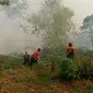 Petugas memadamkan kebakaran lahan di Jalan Sinar Kahayan, Kereng Bangkirai, Kota Palangka Raya, Kalimantan Tengah, Minggu (4/8/2024).