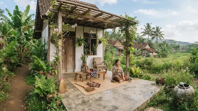 Inspirasi rumah mungil dengan teras teduh di desa dan cocok untuk slow living model teras berlantai semen