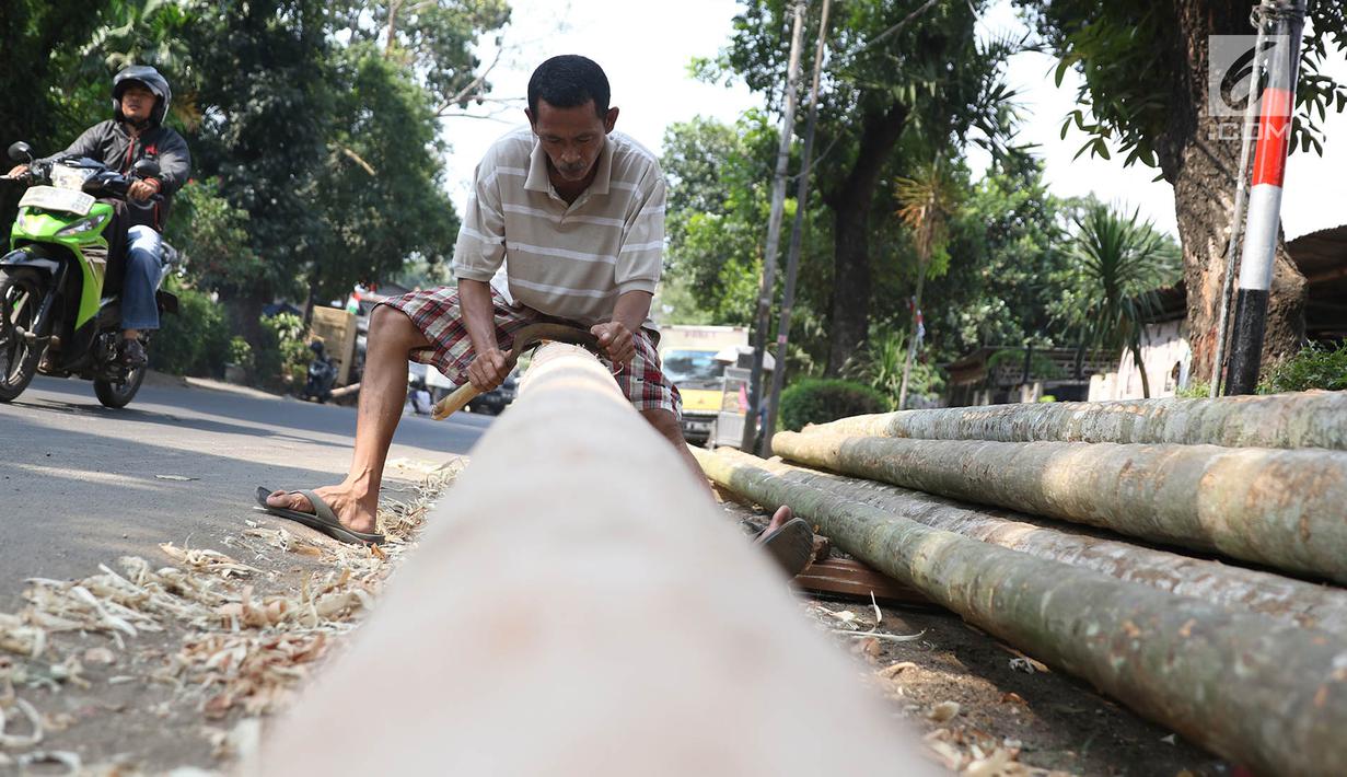 Pedagang menyerut batang pohon pinang yang dijual di kawasan Manggarai, Jakarta, Kamis (3/7). Pohon pinang tersebut dijual seharga Rp900ribu perbatang, yang banyak digunakan untuk meramaikan perlombaan perayaan HUT RI. (Liputan6.com/Immanuel Antonius)