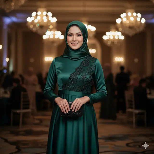 Gamis Satin Minimalis dengan Aksen Lace Diagonal