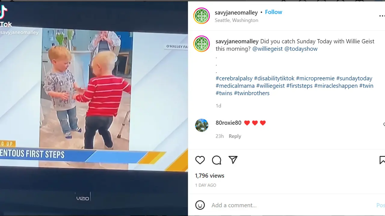 Keakraban balita kembar yang saudara kembarnya tersebut didiagnosis cerebral palsy. Foto: screencapture ig @savyjaneomalley