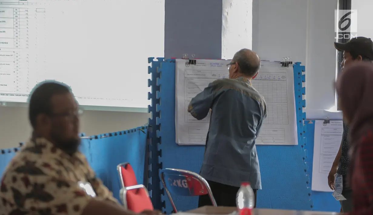 Petugas Panitia Pemilihan Kecamatan (PPK) mencatat hasil perolehan suara Pemilu 2019 pada tingkat kecamatan di Gelanggang Remaja Kelapa Gading, Jakarta, Senin (22/4). PPK mulai melakukan rekapitulasi surat suara dari seluruh TPS di tiap kelurahan di daerah tersebut. (Liputan6.com/Faizal Fanani)