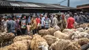 Domba-domba dipajang untuk dijual di pasar ternak menjelang hari raya Idul Adha, di Ambarawa, Jawa Tengah pada Sabtu 16 Mei 2026. (DEVI RAHMAN/AFP)