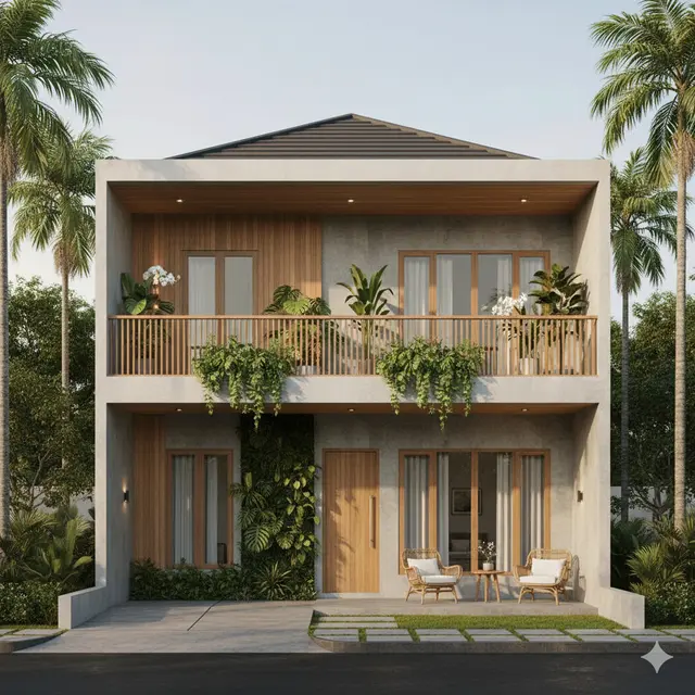 Model Rumah 6x12 Atap Datar dengan Balkon Atas
