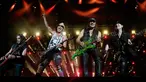 Penampilan grup band Scorpions, Paweł Maciwoda (kiri), Rudolf Schenker (Kedua kiri), Matthias Jabs (kedua kanan), dan Klaus Meine (kanan) dalam festival musik Rock in Rio, Rio de Janeiro, Brasil, Sabtu (5/10/2019). Scorpions tampil menggebrak panggung Rock in Rio. (AP Photo/Leo Correa)