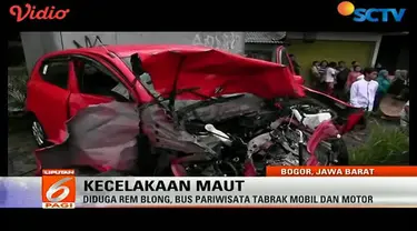 Diduga mengalami rem blong, bus pariwisata menabrak sejumlah kendaraan dan menewaskan 3 orang, di Puncak, Bogor.