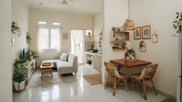 Rumah kecil dengan ruang tamu dan ruang makan menyatu sehingga terlihat elegan untuk hunian KPR dan subsidi model manfaatkan sudut ruangan untuk meja makan
