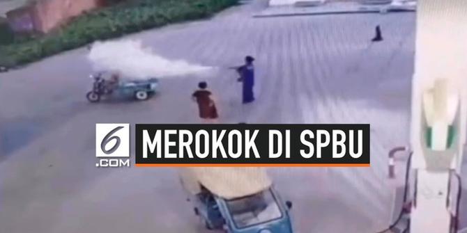VIDEO: Merokok di SPBU, Pengendara Motor Ini Kena Batunya