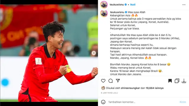 Teuku Wisnu Girang Korea Selatan dan Jepang Lolos Babak 16 Besar Piala Dunia 2022, Berharap Bisa Lanjut ke Perempat Final. (https://www.instagram.com/p/ClryZdyPrB9/)