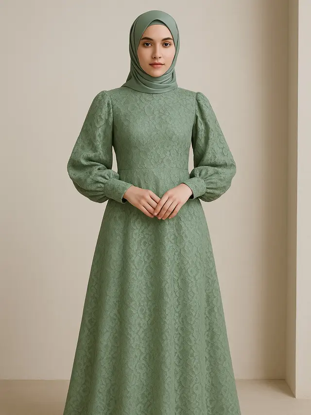 Gamis Brokat Full Body dengan Lengan Balon