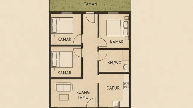 Gambar Rumah Sederhana Ukuran 6x12 di Kampung (Image by ChatGPT)