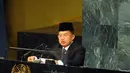 Wapres Jusuf Kalla mewakili Indonesia menyampaikan pidato pada sesi Debat Umum Sidang Majelis Umum PBB ke-72 di New York, Kamis (21/9). Pembangunan berkelanjutan menjadi salah satu isu perhatian Indonesia pada Sidang PBB tahun ini. (TIM MEDIA WAPRES)