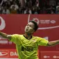 Tunggal putra Indonesia, Anthony Ginting, saat melawan wakil Jepang, Kazumasa Sakai, pada laga final Indonesia Masters 2018 di Istora Senayan, Minggu (28/1/2018). Anthony Ginting menang 21-13 dan 21-12. (Bola.com/M Iqbal Ichsan)