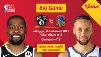 Duel Golden State Warriors Vs Brooklyn Nets, Minggu (14/2/2021) pukul 08.30 WIB dapat disaksikan melalui platform streaming Vidio. (Dok. Vidio)