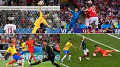 Kiper Meksiko, Guillermo Ochoa, heroik saat melawan Brasil meski akhirnya kalah, demikian juga Kasper Schmeichel yang membuat Kroasia frustasi. Berikut ini tujuh kiper dengan penyelamatan terbanyak di Piala Dunia 2018. (Kolase foto-foto dari AFP)