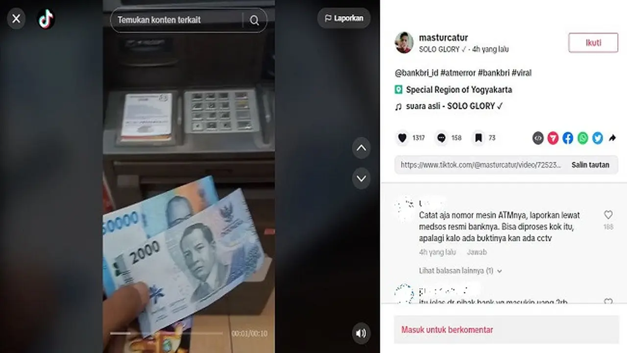 Gambar Tangkapan Layar Video Tarik Tunai Rp100 Ribu, Malah Dapat Rp52 Ribu (sumber: akun TikTok @caturmastur).