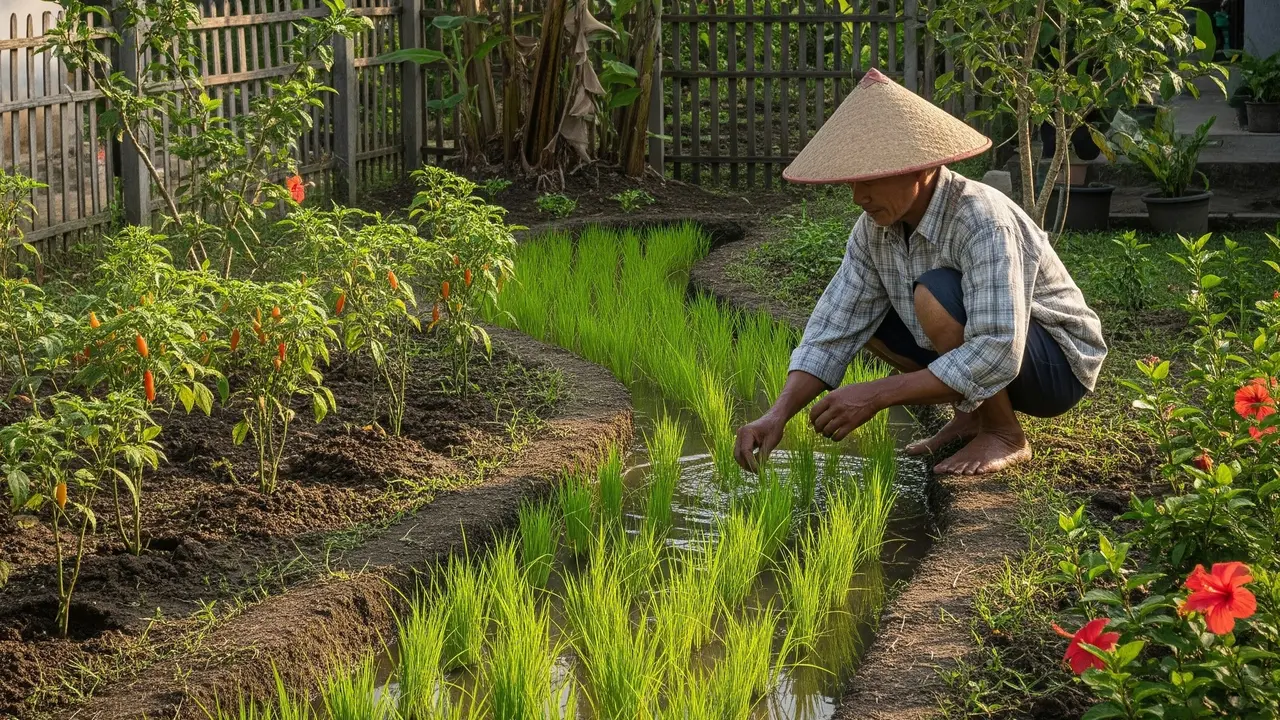 Petani Padi dengan Lahan Sempit di Pekarangan Rumah (Gemini AI)