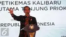Presiden Jokowi memberikan sambutan dalam peresmian Terminal Petikemas Kalibaru, Jakarta, Selasa (13/9). Terminal ini merupakan terminal petikemas pertama dalam pembangunan Fase IA Terminal New Priok. (Liputan6.com/Faizal Fanani)