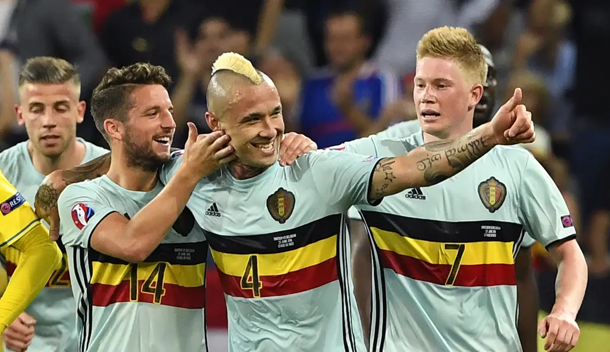 Pemain berdarah Indonesia, Radja Nainggolan, mencetak gol kemenangan Belgia atas Swedia, 1-0, pada laga terakhir Grup E Piala Eropa 2016 di Allianz Riviera, Nice, Kamis (23/6/2016) dini hari WIB. (AFP/Jonathan Nackstrand)